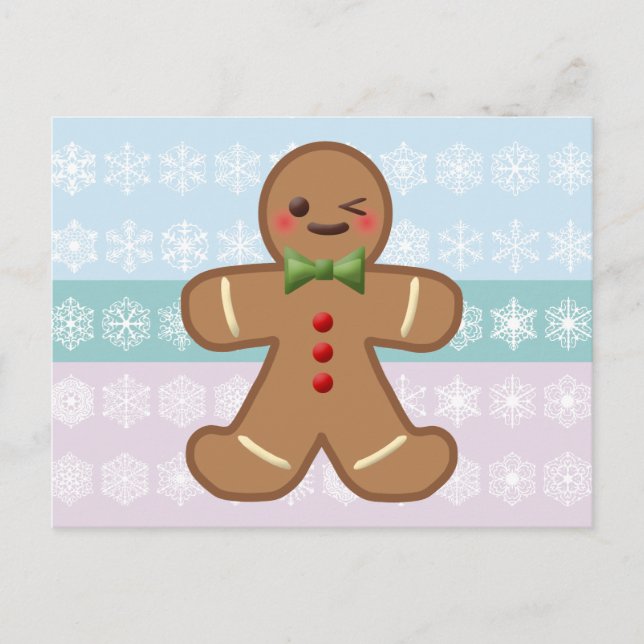 Kawaii Gingerbread Man & Snowflakes Postcard (Front)