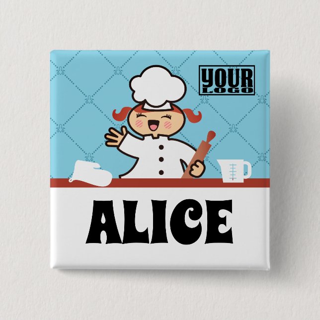 Kawaii girl chef kids cooking name tag badge (Front)