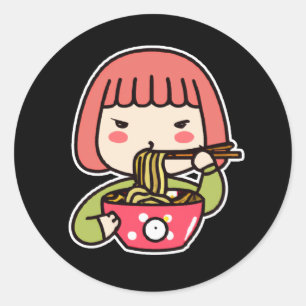Kawaii Girl eating Ramen with Chopsticks Classic Round Sticker