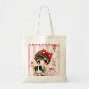 Kawaii girl with cat tote bag