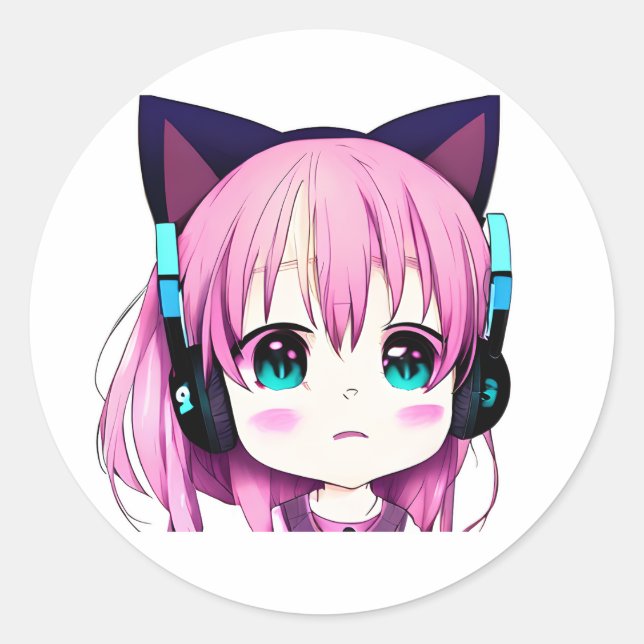 Kawaii Girl with Headphones on Classic Round Sticker (Front)