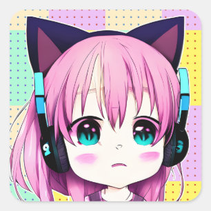 Kawaii Girl with Headphones on Square Sticker