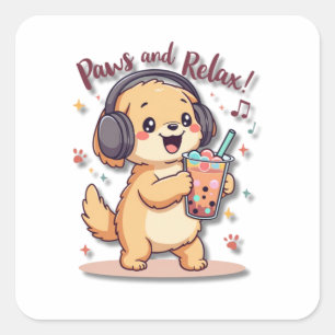Kawaii Golden Retriever Dancing with Headphones Square Sticker