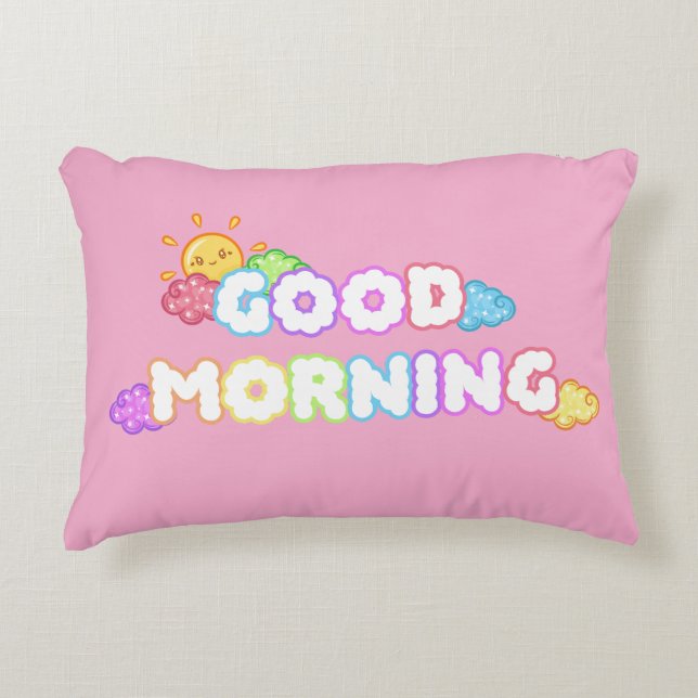 Kawaii Good Morning Sun & Rainbow Clouds Decorative Cushion (Front)