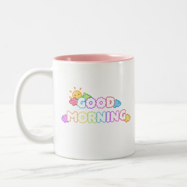 Kawaii Good Morning Sun & Rainbow Clouds Two-Tone Coffee Mug (Left)