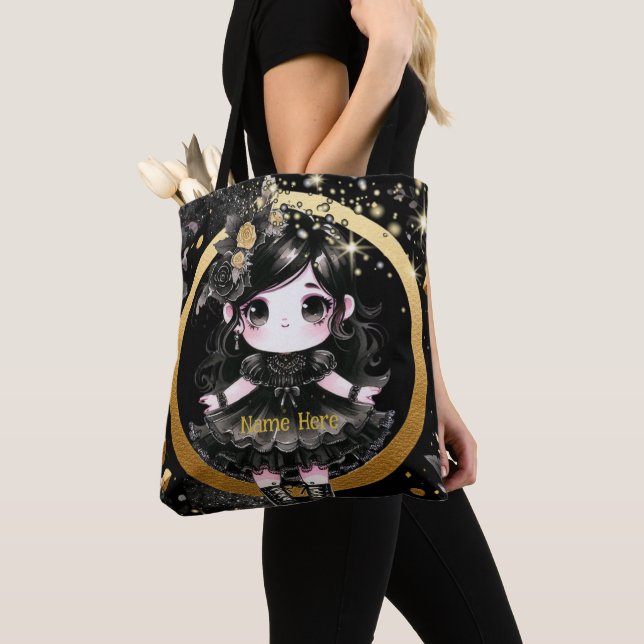 Kawaii Goth Girls Cute Personalised Gothic Chibi Tote Bag (Close Up)