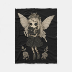 Kawaii Goth Skeleton Fairy With Black Cat Fleece Blanket