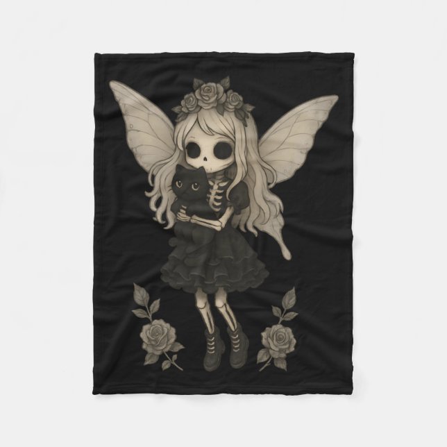 Kawaii Goth Skeleton Fairy With Black Cat Fleece Blanket (Front)