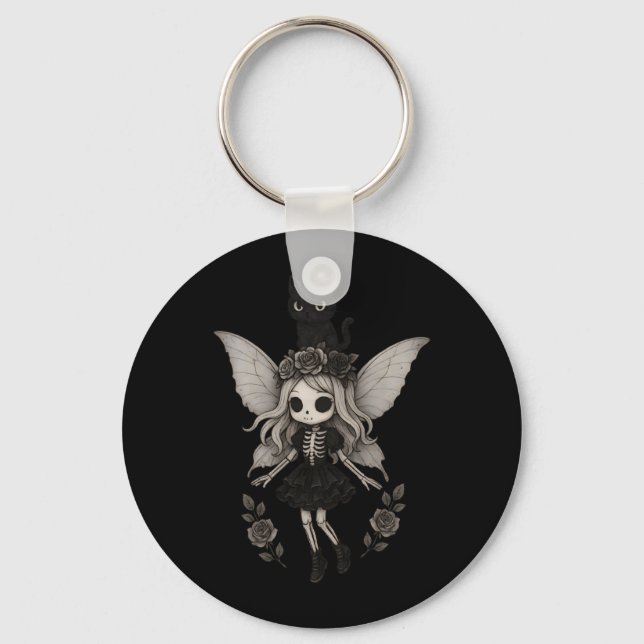 Kawaii Goth Skeleton Fairy With Black Cat Key Ring (Front)