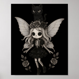 Kawaii Goth Skeleton Fairy With Black Cat Poster