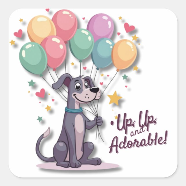 Kawaii Great Dane Pup with Balloons Square Sticker (Front)