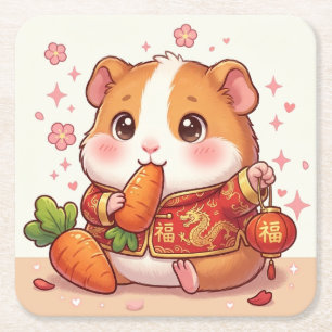 Kawaii Guinea Pig Chinese New Year Lantern, Carrot Square Paper Coaster