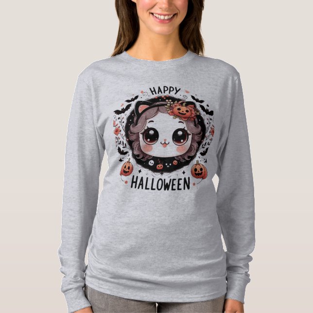 Kawaii Halloween Cat Bat Pumpkin T-Shirt for Kids (Front)