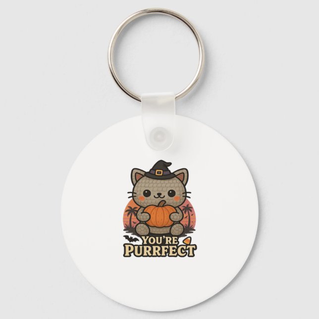 Kawaii Halloween Cat with Pumpkin, Cute Witch Kitt Key Ring (Front)