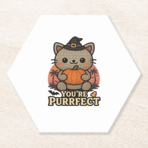 Kawaii Halloween Cat with Pumpkin, Cute Witch Kitt Paper Coaster