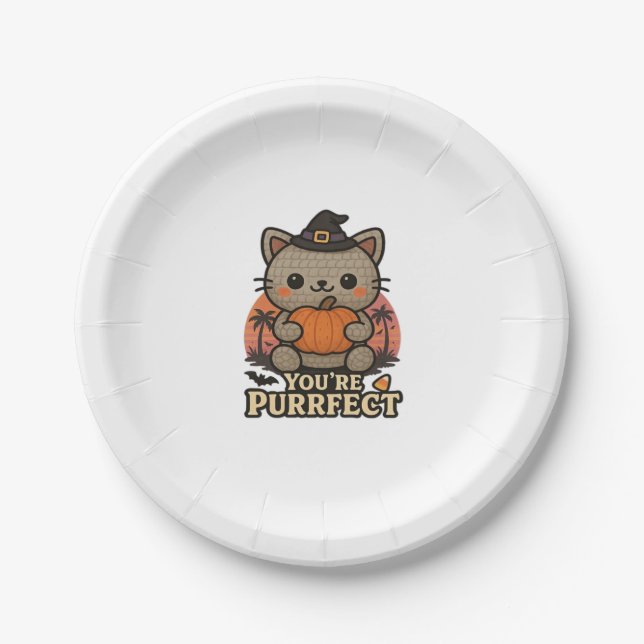 Kawaii Halloween Cat with Pumpkin, Cute Witch Kitt Paper Plate (Front)