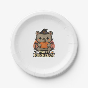 Kawaii Halloween Cat with Pumpkin, Cute Witch Kitt Paper Plate