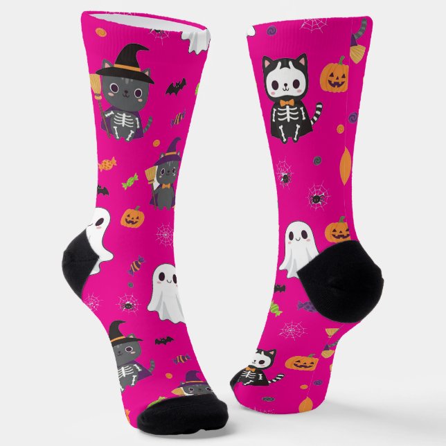 Kawaii Halloween Cats and Ghosts Socks (Angled)