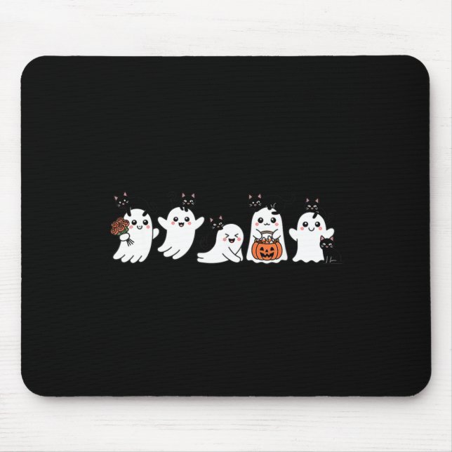 Kawaii Halloween Ghosts With Black Cats Spooky Mouse Pad (Front)