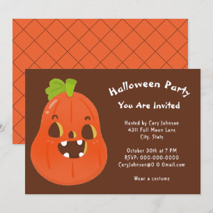 Kawaii Halloween Jack o' Lantern Brown White Party Invitation