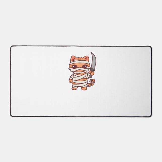 Kawaii Halloween Mummy Cat with Sword Classic T-Sh Desk Mat (Front)