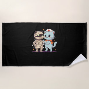 Kawaii Halloween Pals Mummy & Nurse cat Oversized  Beach Towel