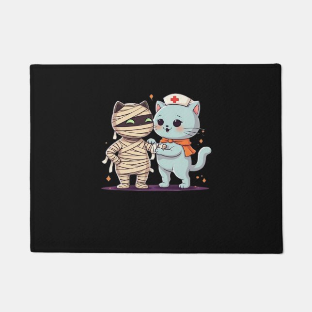 Kawaii Halloween Pals Mummy & Nurse cat Oversized  Doormat (Front)