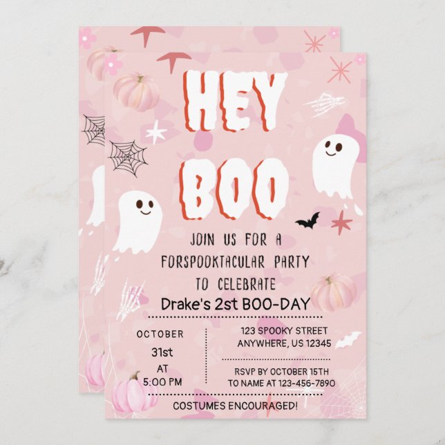 Kawaii Halloween Pink Ghost Birthday Hey Boo Invitation (Front/Back)