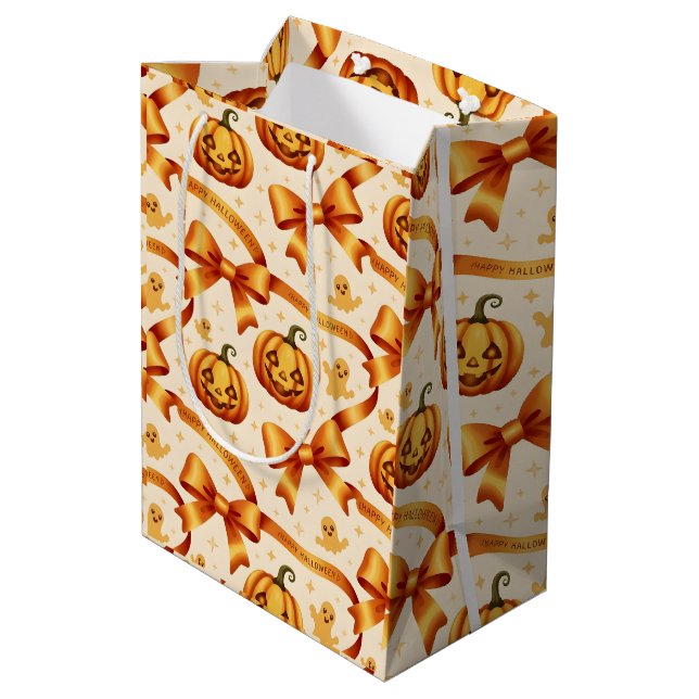 Kawaii Halloween Pumpkin & Bows Gift Wrapping Pape Medium Gift Bag (Back Angled)