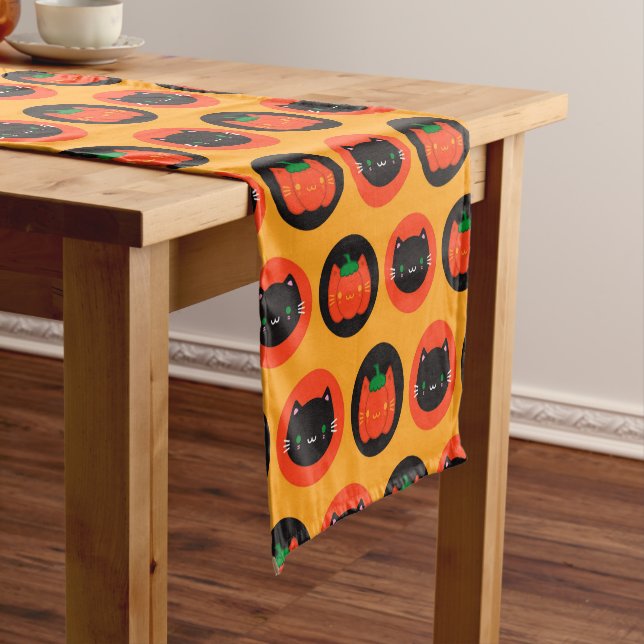 Kawaii Halloween Pumpkin Cats Short Table Runner (In Situ)