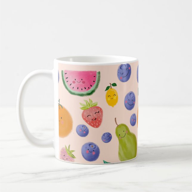 Kawaii Hand-drawn Happy Fruits Coffee Mug (Left)