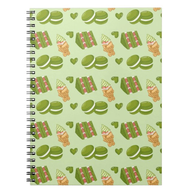 Kawaii Hand-Drawn Matcha Sweets Seamless Pattern Notebook (Front)