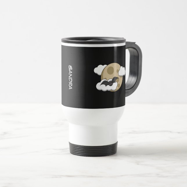 Kawaii Happy Bat Flying on Full Moon | Add Name Travel Mug (Front Right)