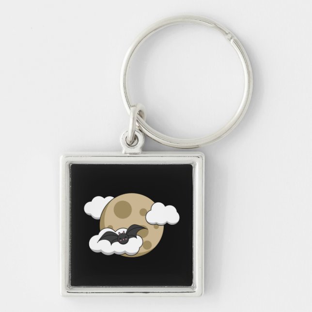 Kawaii Happy Bat Flying on Full Moon Key Ring (Front)