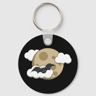 Kawaii Happy Bat Flying on Full Moon Key Ring