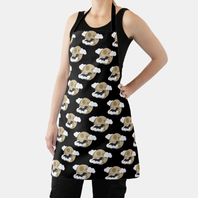 Kawaii Happy Bat Flying on Full Moon Pattern Apron (Insitu)