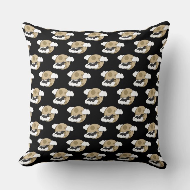 Kawaii Happy Bat Flying on Full Moon Pattern Cushion (Front)