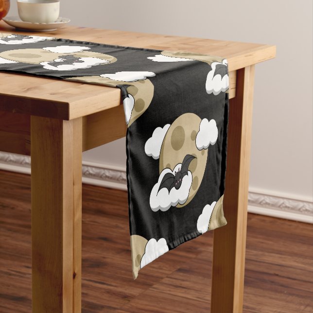 Kawaii Happy Bat Flying on Full Moon Pattern Short Table Runner (In Situ)