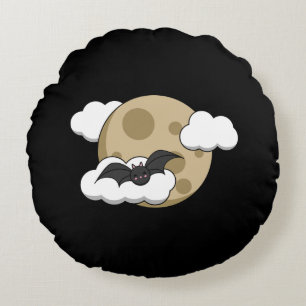 Kawaii Happy Bat Flying on Full Moon Round Cushion