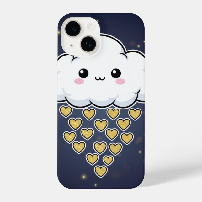 Kawaii Happy Cloud Gold Hearts Blue iPhone Case (Back)