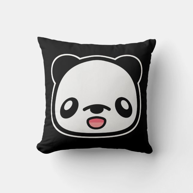 Kawaii Happy Panda On Black Cushion (Front)
