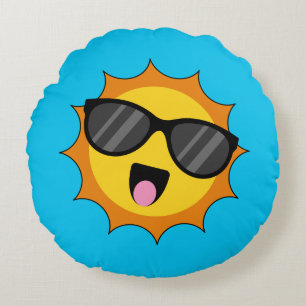 Kawaii Happy Sun with Sunglasses Round Cushion