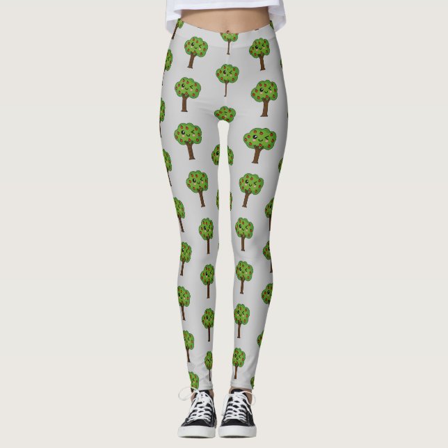 Kawaii Happy Winking Apple Tree Leggings (Front)