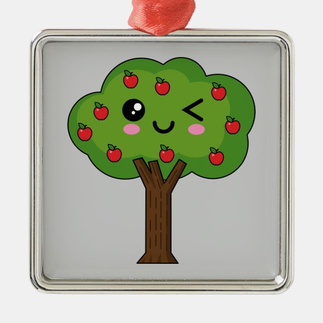 Kawaii Happy Winking Apple Tree Metal Tree Decoration (Front)