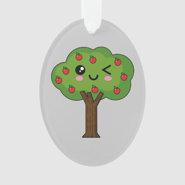 Kawaii Happy Winking Apple Tree Ornament (Front)