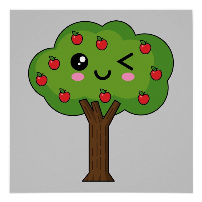 Kawaii Happy Winking Apple Tree Poster (Front)