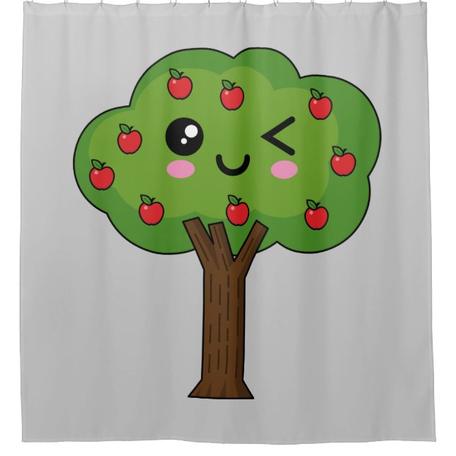 Kawaii Happy Winking Apple Tree Shower Curtain (Front)