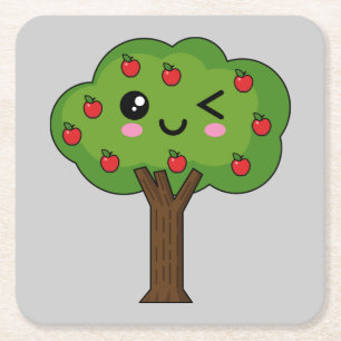 Kawaii Happy Winking Apple Tree Square Paper Coaster
