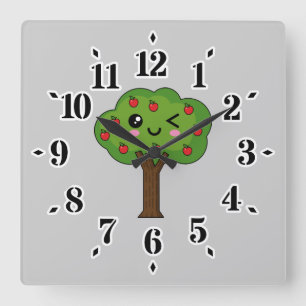 Kawaii Happy Winking Apple Tree Square Wall Clock