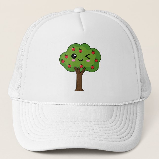 Kawaii Happy Winking Apple Tree Trucker Hat (Front)